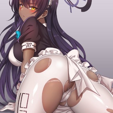 1girls, 2021, ahoge, all fours, apron, arm support, ass, back bow, bangs, black hair, blue archive, blush, bow, breasts, cameltoe