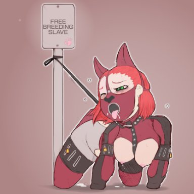 bitchsuit, blush, bondage, collar, drooling, exposed breasts, gag, gagged, green eyes, immobile, leash, leather, locks, muzzled, nimbletail