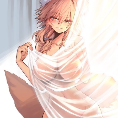 animal ear fluff, animal ears, bangs, blush, breasts, busty, collarbone, completely naked, completely nude, completely nude female, curtains, fate/extra, fate (series), female, female only