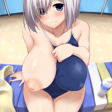 alternate costume, bangs, bare arms, bare legs, bare shoulders, blue eyes, blush, bottle, breasts, changing room, closed mouth, collarbone, commentary request, competition school swimsuit, eyes visible through hair