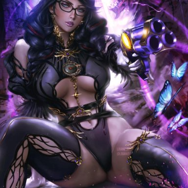 1girls, 2d, bangs, bare thighs, bayonetta, bayonetta (character), bayonetta 3, beauty mark, belly button, big breasts, black hair, bodysuit, braid, braided hair, braids