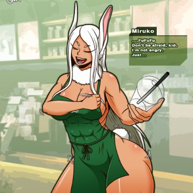 1girls, apron, big breasts, dark skin, english text, female, iced latte with breast milk, meme, miruko, my hero academia, naked apron, normi, rumi usagiyama, text