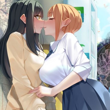 2girls, almost kissing, background, big breasts, black hair, breast press, breast squeeze, closed eyes, flat chest, frottage, holding object, huge breasts, long hair, mieruko chan, monobe yuri