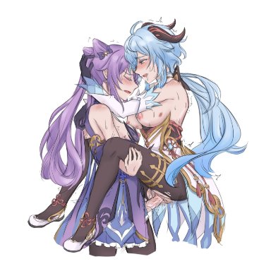 1futa, 1girls, bangs, big breasts, big penis, bite mark, blue hair, blush, breasts out, carrying, closed eyes, clothed, clothing, duo, erection