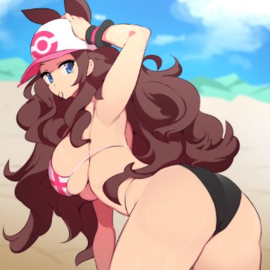 1girls, ass, beach, big breasts, bikini, blue eyes, breasts, brown hair, butt, female focus, female only, hat, hilda (pokemon), long hair, looking back