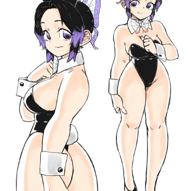 asimatosinosin, black hair, bowtie, bunny ears, bunny tail, bunnysuit, butterfly hair ornament, demon slayer, female, female only, full body, high heels, highleg, highleg leotard, kimetsu no yaiba