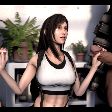 1girls, 2boys, 3d, abs, animated, balls, barret wallace, big penis, black hair, breasts, chad rat, clothed, clothed female, clothed female nude male, cloud strife