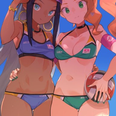 2girls, adjusting eyewear, aqua eyes, arm up, bare shoulders, bikini, black hair, blush, bracelet, breasts, choker, cleavage, collarbone, creatures (company), earrings