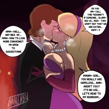 1boy, 1girls, banjabu, blush, cleavage, couple, dialogue, dipper pines, english text, formal wear, gravity falls, green eyes, groping, imminent sex, just fuck already