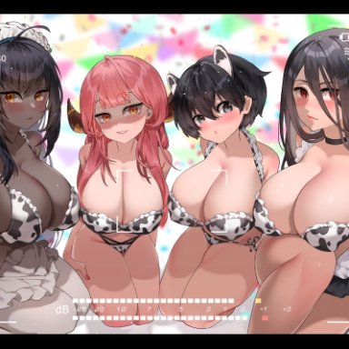 2021, 4girls, animal ears, aru (blue archive), big breasts, black hair, blue archive, camera pov, camera view, cleavage, covered nipples, cow print, cow print bikini, dark-skinned female, dark hair