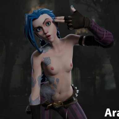 3d, 3d (artwork), arawaraw, arcane, athletic female, blender, blue eyes, blue hair, gloves, human, jinx (league of legends), league of legends, league of legends: wild rift, naked, riot games