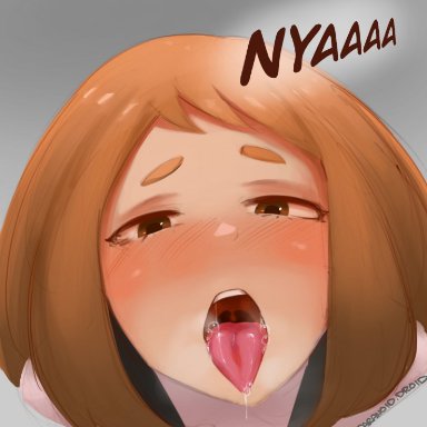 1girls, blush, blushing, brown eyes, brown hair, female, half-closed eyes, heavy breathing, my hero academia, ochako uraraka, open mouth, paranoiddroid, saliva, saliva string, saliva trail