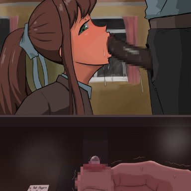 blush, brown hair, cheating, cheating girlfriend, cuckold, doki doki literature club, edit, fellatio, green eyes, henzu, interracial, looking at viewer, masturbation, monika (doki doki literature club), ntr