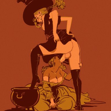 1futa, 1girls, bare shoulders, big breasts, big penis, black dress, black footwear, black headwear, boots, breasts, brown background, brown dress, brown hair, cauldron, closed eyes