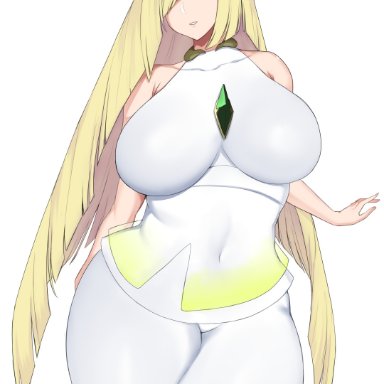 1girls, aether foundation, big breasts, blonde hair, breasts, clothed, erimiko, female, female only, green eyes, hi res, highres, human, long hair, lusamine (pokemon)