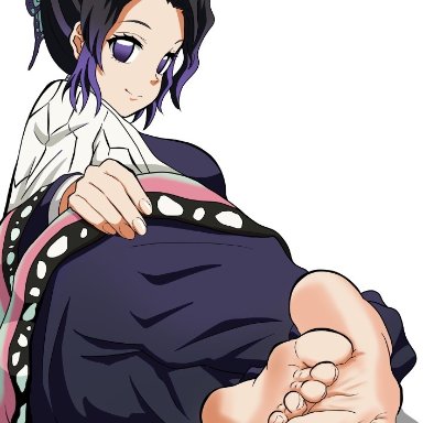 barefoot, black hair, butterfly hair ornament, demon slayer, feet, female, female only, foot fetish, foot focus, fully clothed, haori, kimetsu no yaiba, kochou shinobu, looking at viewer, looking back