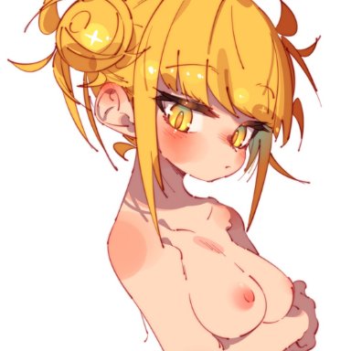 1girls, blonde hair, blush, breasts, himiko toga, looking at viewer, my hero academia, nude, rasurasu, simple background, solo, yellow eyes