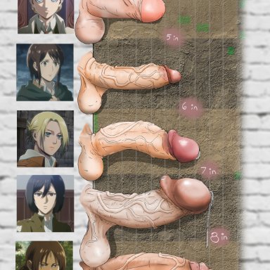 5 penises, 5futas, annie leonhardt, attack on titan, ball size difference, balls, big penis, character sheet, chart, circumcised, club shaped penis, cock comparison, cock size difference, comparing penis, curved penis