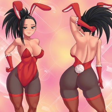 1girls, ass, big ass, big breasts, big butt, black hair, breasts, bunny ears, bunny girl, bunny tail, eye contact, female, gloves, large breasts, leotard