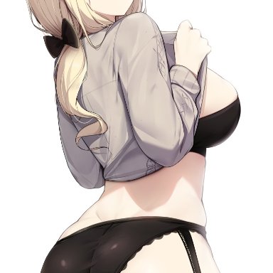 ass, big ass, big breasts, black bra, black panties, blonde hair, bow, bra, breasts, brown eyes, clenched teeth, clothes lift, cowboy shot, ddangbi, female