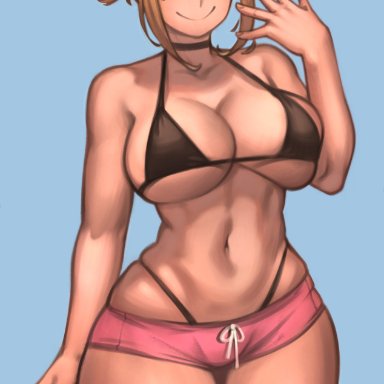 big breasts, blonde hair, bra, breast grab, himiko toga, kelvin hiu, messy hair, my hero academia, panties, ponytail, ponytails, shirtless, short hair, shorts, thick thighs