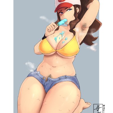 1girls, armpit hair, armpits, big breasts, blue eyes, brown hair, curvy figure, female, hat, hilda (pokemon), huge thighs, ice cream, long hair, nintendo, pale-skinned female