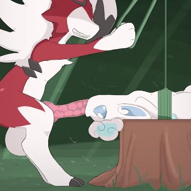 2d animation, alolan vulpix, animated, anthro, anus, balls, belly, big dom small sub, blue eyes, bodily fluids, butt, cum, cum drip, cum from mouth, cum in mouth