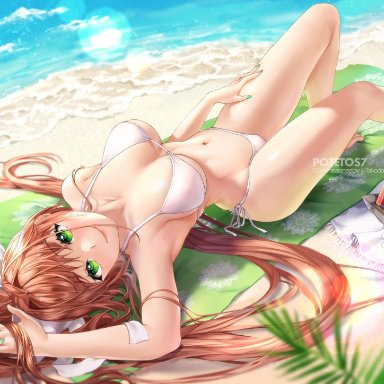 beach, beach towel, bikini, brown hair, doki doki literature club, green eyes, hand on thigh, long hair, looking at viewer, lying on back, monika (doki doki literature club), ponytail, potetos7, smile, swimsuit