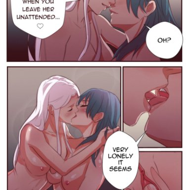 2girls, bedroom, byleth (fire emblem), byleth (fire emblem) (female), comic, completely nude, edelgard von hresvelg, english text, female only, fingering, fingering partner, fire emblem, fire emblem: three houses, french kiss, kissing