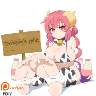 1girls, arms behind back, breasts, cow bikini, feet, ilulu (dragon maid), looking at viewer, milk bottle, miss kobayashi's dragon maid, solo female, zorzero