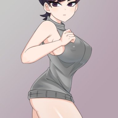 1girls, big breasts, breasts, donchibi, female, komi-san wa komyushou desu, komi shuuko, large breasts, mature female, milf, nipple bulge, short hair, solo, standing, thick thighs