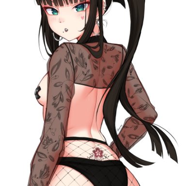 absurdres, ass, back tattoo, bangs, black hair, black lips, black panties, blunt bangs, breasts, commentary, earrings, english commentary, facial mark, female, fishnet legwear