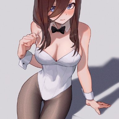 animal ears, arm support, bangs, bare shoulders, black bow, black bowtie, blue eyes, blush, bow, bowtie, breasts, brown hair, cleavage, detached collar, fake animal ears