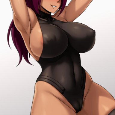 1girls, bleach, breasts, dark-skinned female, dark skin, female, female only, huge breasts, jmg, nipple bulge, shihouin yoruichi, skindentation, solo, thick thighs, thighhighs