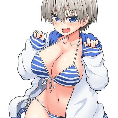 big breasts, bikini, blue eyes, cleavage, cute fang, female, female only, grey hair, looking at viewer, official art, short hair, side-tie bikini, solo, striped bikini, stripes