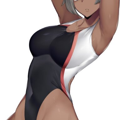 1girls, armpits, arms above head, bare legs, bare thighs, bea (pokemon), belly button, belly button visible through clothing, blue eyes, breasts, cameltoe, competition swimsuit, dark-skinned female, dark skin, female