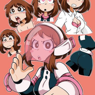 ahe gao, ahe gao, character sheet, exposed breasts, heart-shaped pupils, jennlumm, my hero academia, ochako uraraka, tongue out