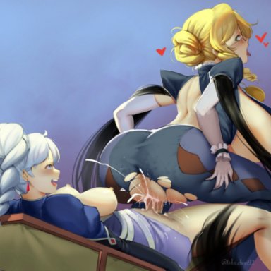 1futa, 1girls, areolae, back, back view, balls, bayonetta (cosplay), big ass, big breasts, blonde hair, braids, breasts, clothed, clothing, commission