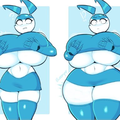 !?, ?, ass expansion, big breasts, blush, breast expansion, breasts, confused, huge breasts, jenny wakeman, large breasts, midriff, my life as a teenage robot, navel, skirt
