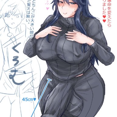 1futa, 2koma, :p, ahyo apostle, balls, blue eyes, blue hair, blush, breasts, bulge, chrom (fire emblem), clothed, clothing, covered nipples, curvy