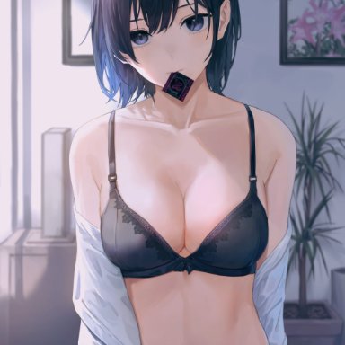 absurdres, bangs, bario, bed sheet, bedroom, black bra, black hair, black panties, blue eyes, bra, breasts, cleavage, clothes down, collarbone, condom