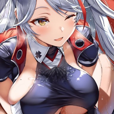 azur lane, belko, big breasts, black gloves, breasts, cum, cum between breasts, ejaculating cum, ejaculation, gloves, hair ornament, highres, huge breasts, jacket, large breasts