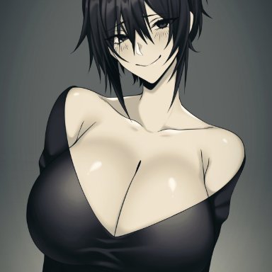 big breasts, blush, breast, breast bigger than head, breasts, camui kamui, cleavage, cute, dark hair, enormous breasts, glistening, glistening body, glistening skin, goth, goth girl