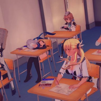 3d, alisa reinford, animated, blonde hair, blue hair, blush, bouncing breasts, breast grab, choker, classroom, collar, dildo, doggy style, eiyuu densetsu, emma millstein