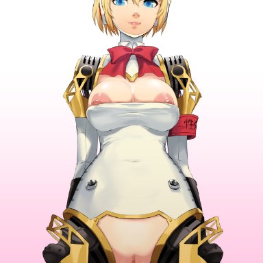 aigis, akizora, android, blonde hair, blue eyes, female focus, female only, persona, persona 3, pussy, robot, robot girl, smile, stare