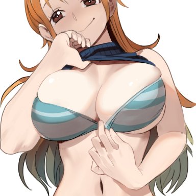 1girls, big breasts, breasts, eye contact, female, large breasts, looking at viewer, nami, one piece, orange hair, sho-n-d, smile, solo, upper body, white background