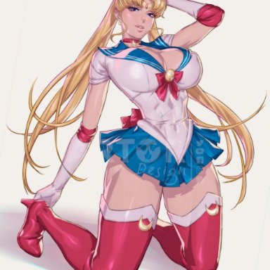 1girls, abs, alternate breast size, arm behind head, arttoru, big breasts, bishoujo senshi sailor moon, blonde hair, blush, blushing, choker, female, female focus, female only, heels