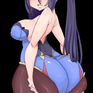 artist name, ass, ass grab, ass support, bangs, big ass, black hair, breasts, ein457, female, genshin impact, grabbing own ass, green eyes, highres, huge ass