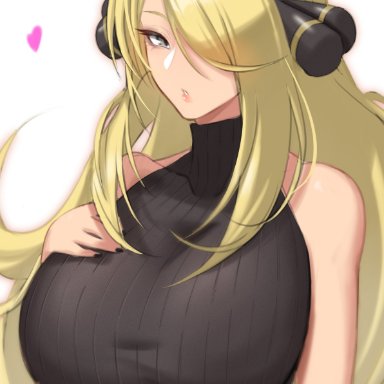 1girls, 2021, anima (togashi), bare arms, bare shoulders, black nails, blonde hair, breast suppress, breasts, clothing, cynthia (pokemon), female, female only, grey eyes, hair ornament