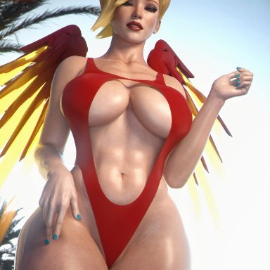 apone3d, bikini, blonde, breasts, cleavage, female, looking down, mercy, overwatch, solo, thick thighs